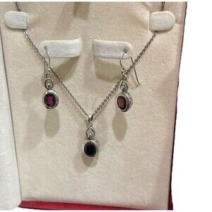 NIB Sterling Silver & Garnet Necklace & Drop Earrings Lucas Lameth Boxed Set